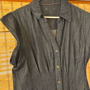 Cap Sleeve Button-Front Washed Denim Shirt Dress
